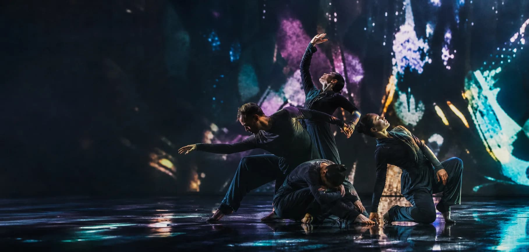 Four dancers on a reflective stage surrounded by nocturnal projected color