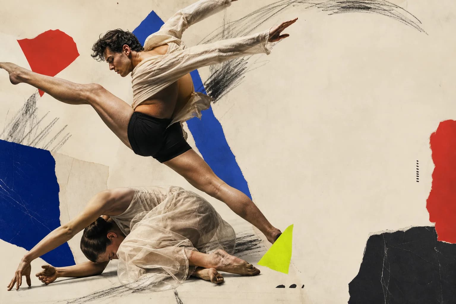 Two dancers collaged with torn cobalt, red, and citron paper forms