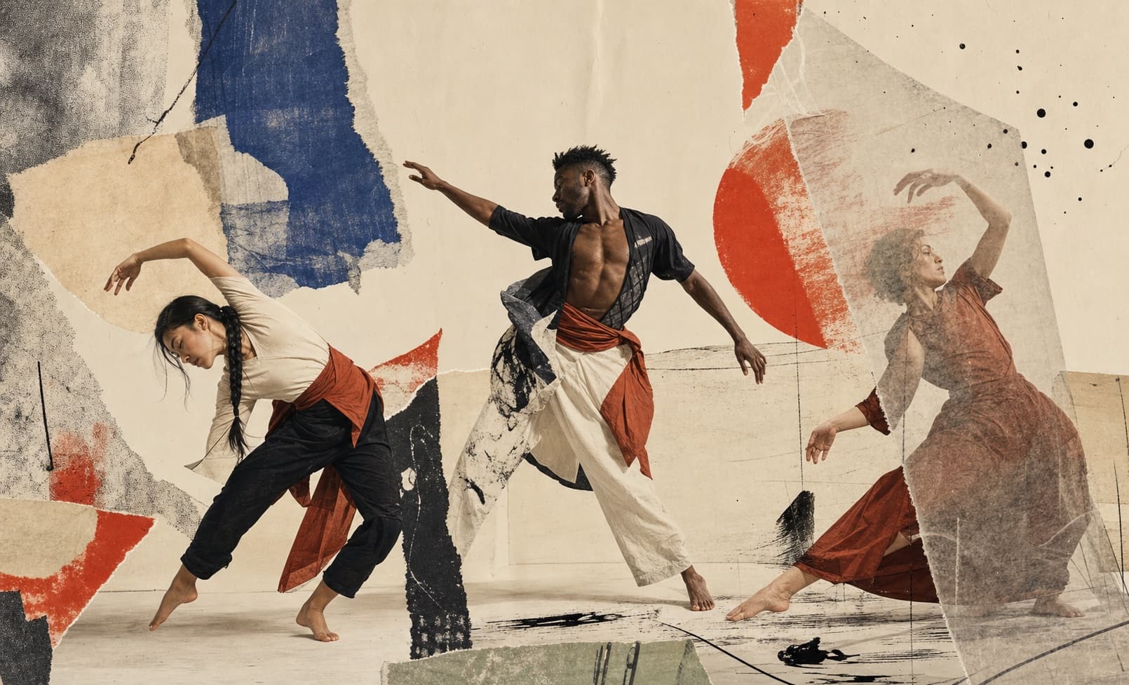 Three dancers moving through hand-cut paper and overprinted marks