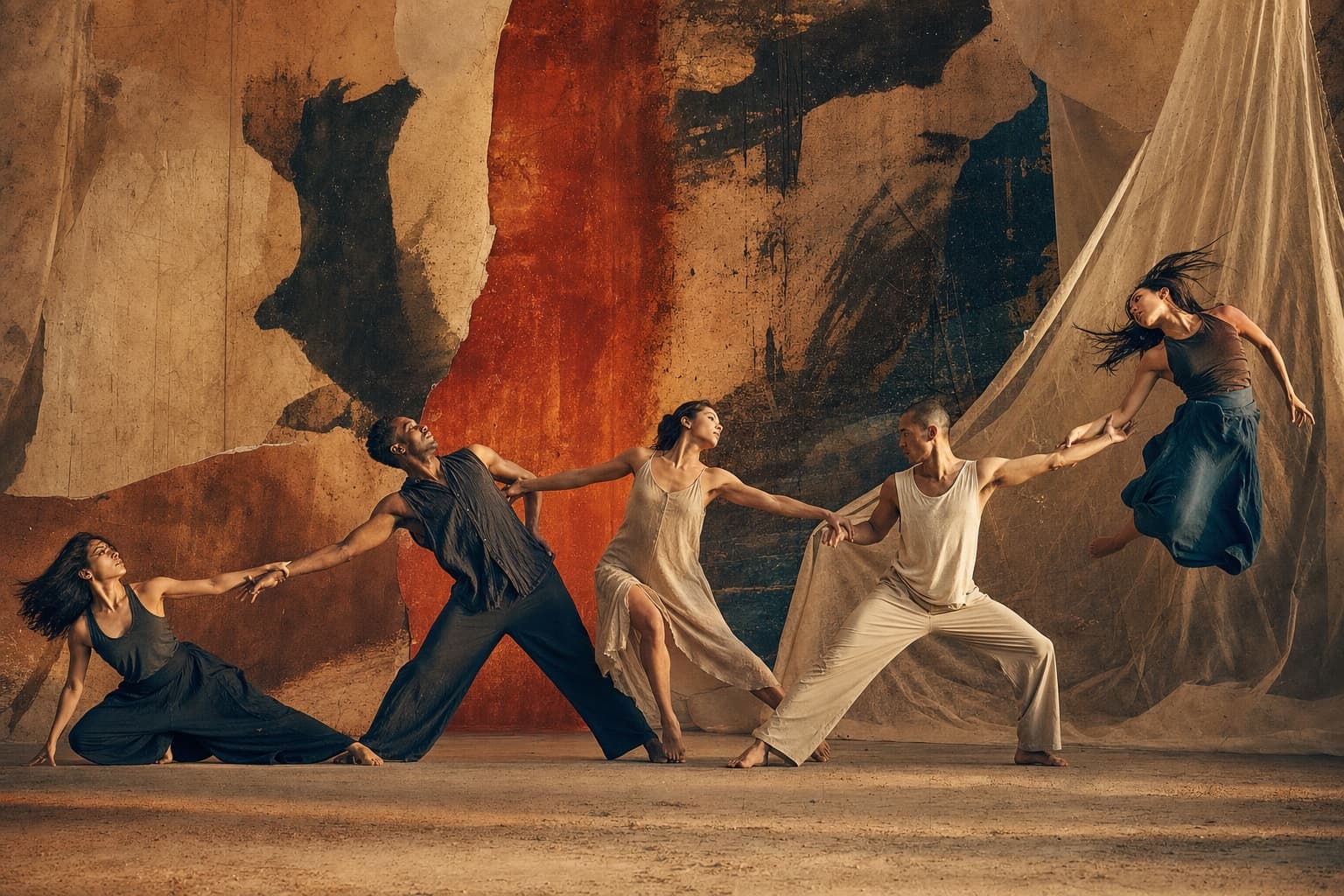 Five dancers connected in a warm mineral-colored ensemble phrase