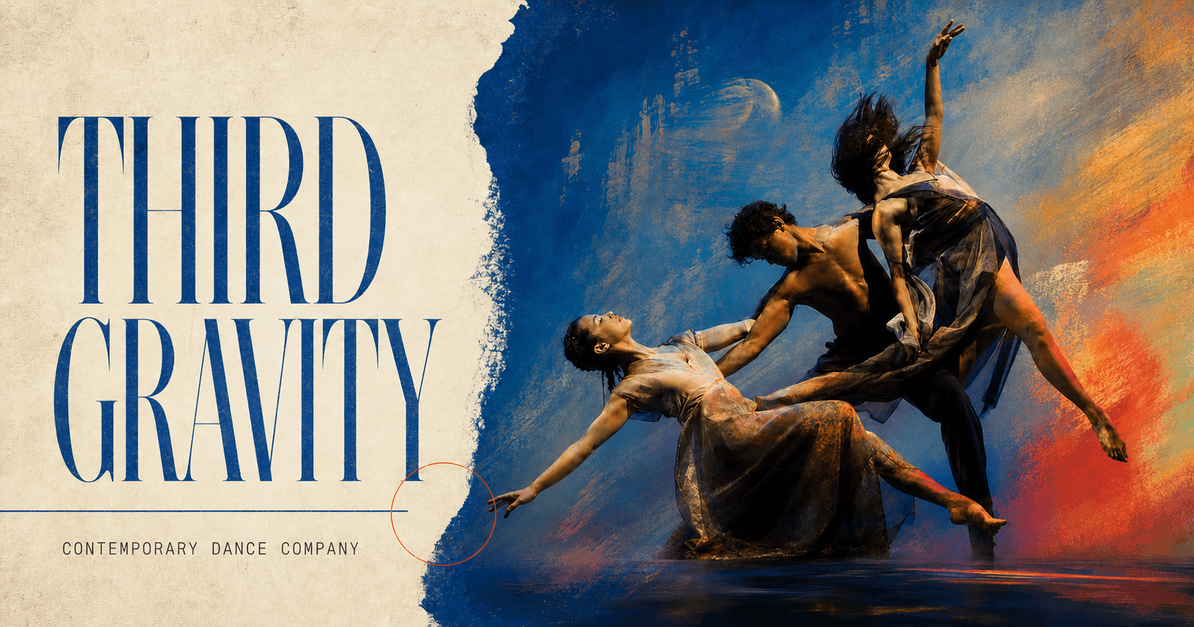 Third Gravity company artwork with dancers moving through cobalt and vermilion paint